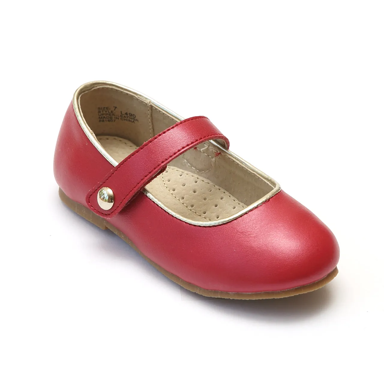 L'Amour Girls Classic Button Strap Leather Flats