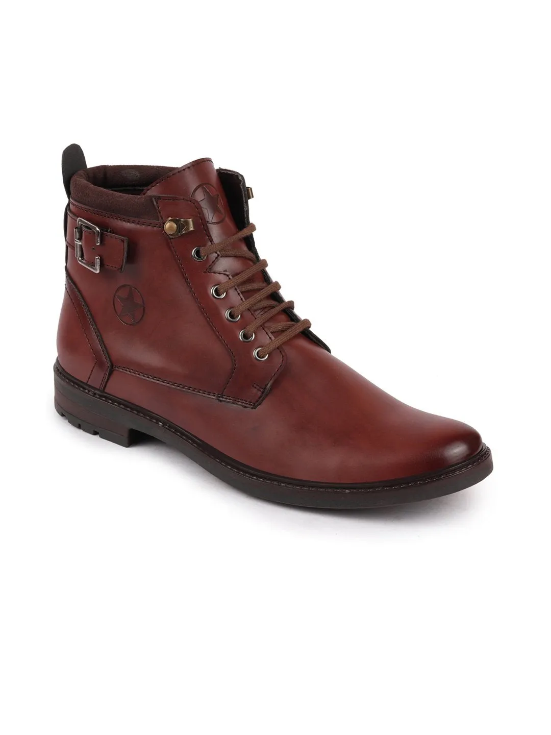 Men Brown High Ankle Buckle Boots