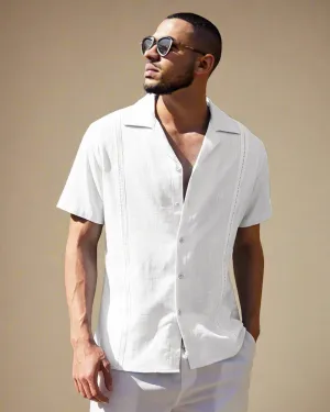 Men White Cuban Shirt - Guayabera Cuban Collar Shirt