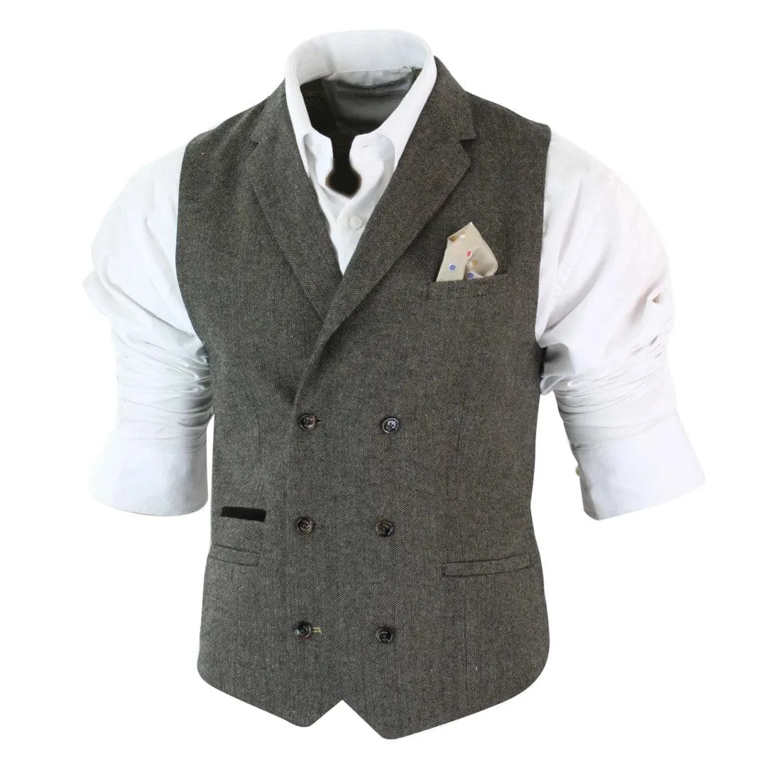 Mens Herringbone Tweed Gatsby Blinders Classic Double Breasted Waistcoat