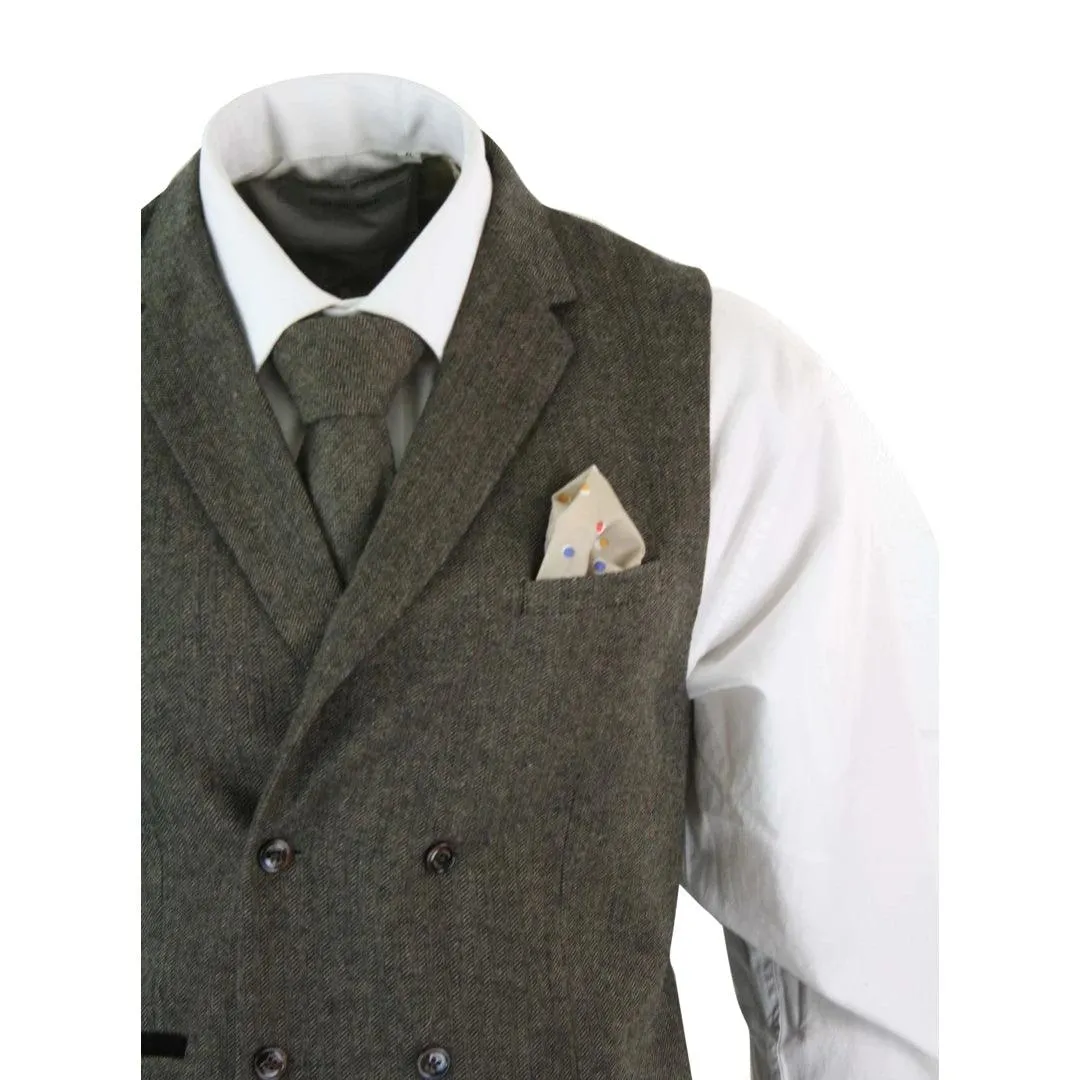 Mens Herringbone Tweed Gatsby Blinders Classic Double Breasted Waistcoat