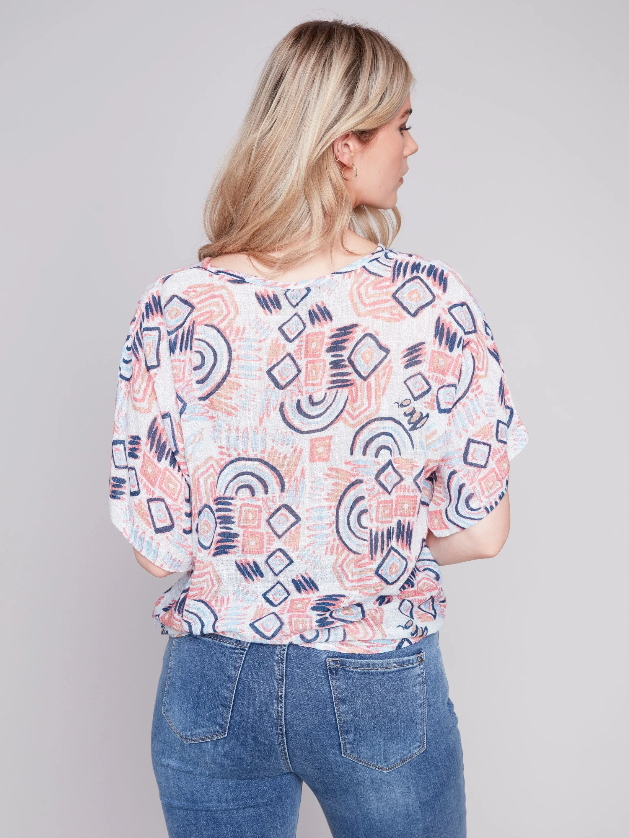 Printed Cotton Gauze Blouse with Side Tie - Scribble