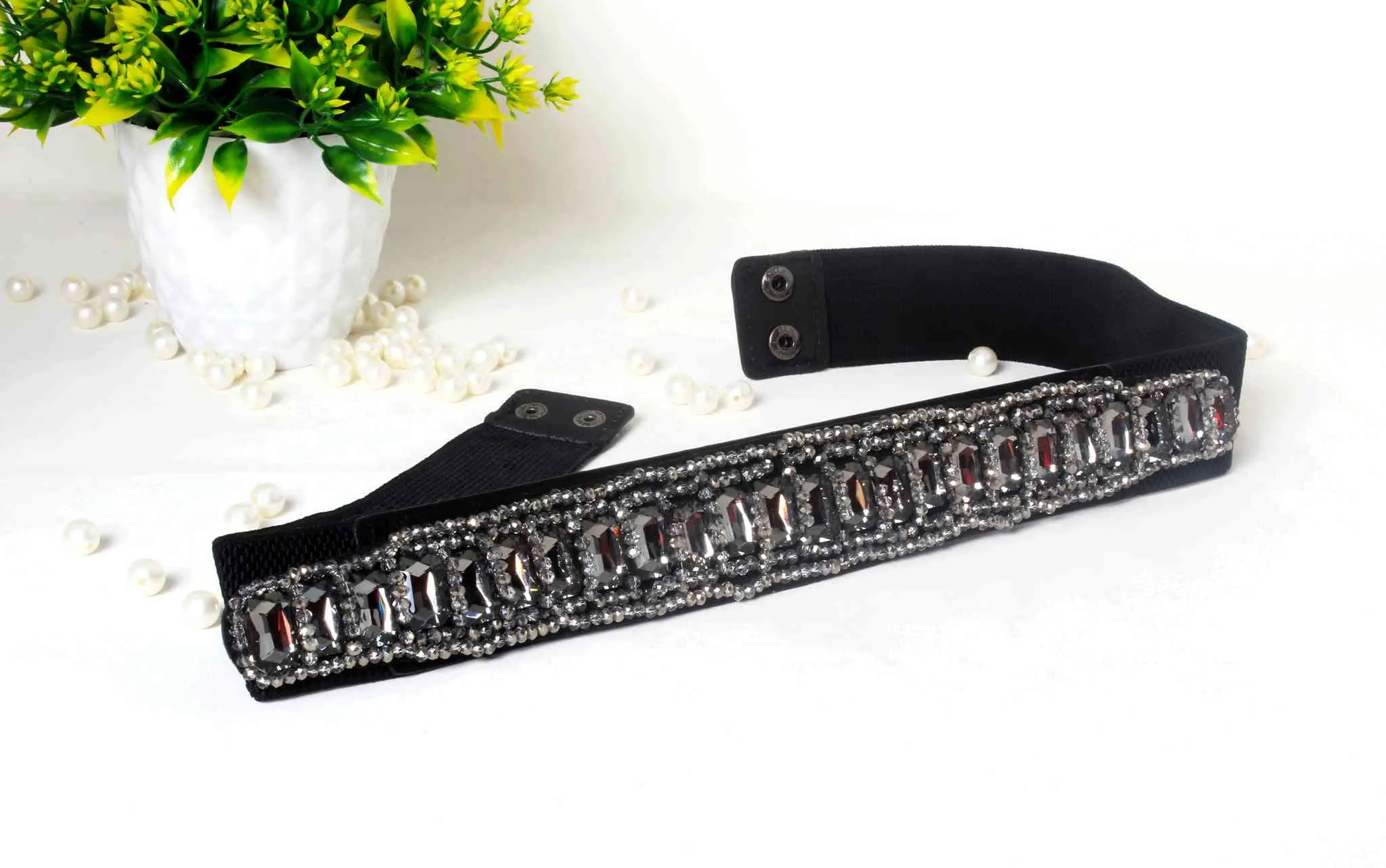 Stylish Fancy Rhinestones with Sequin Beads Party Belt for Girls, Women, Black