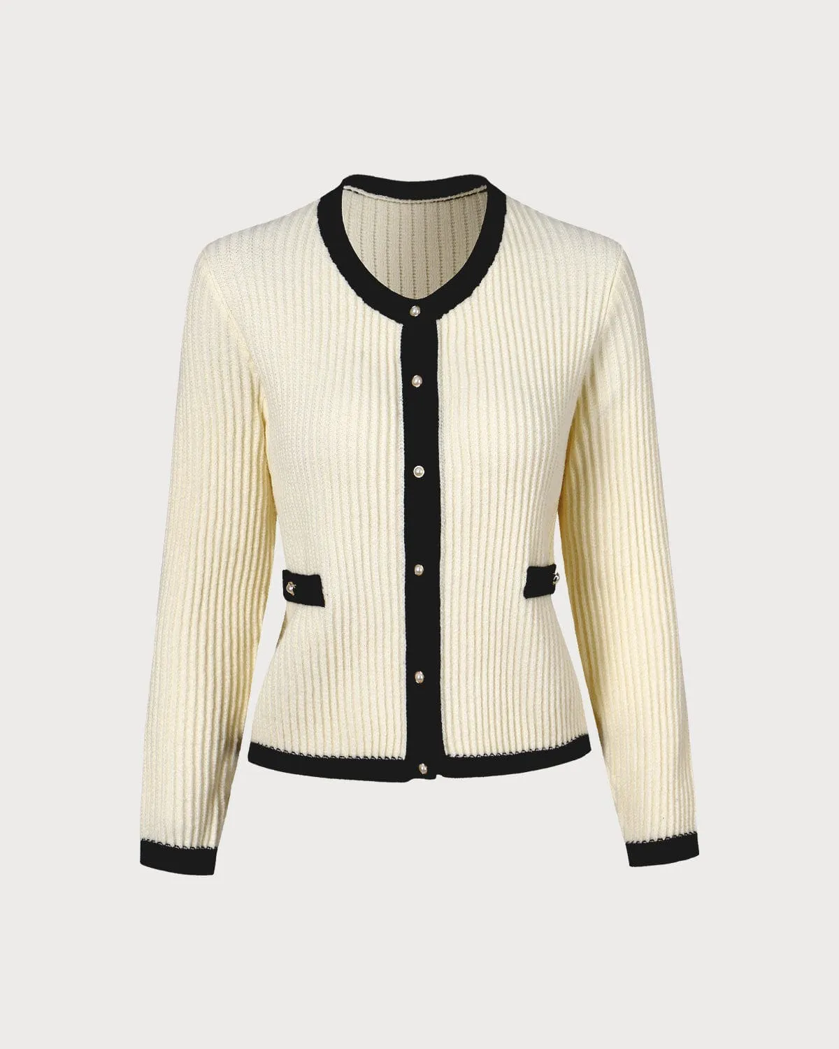 The Beige Round Neck Contrast Trim Cardigan