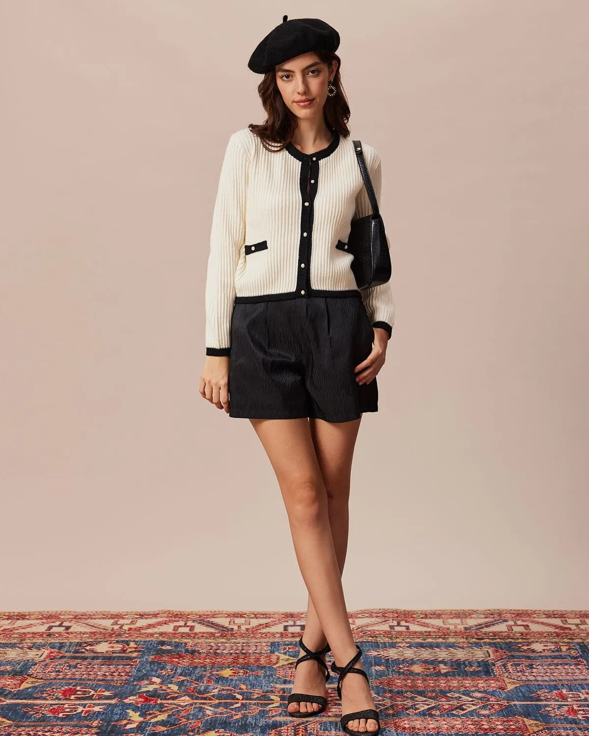 The Beige Round Neck Contrast Trim Cardigan