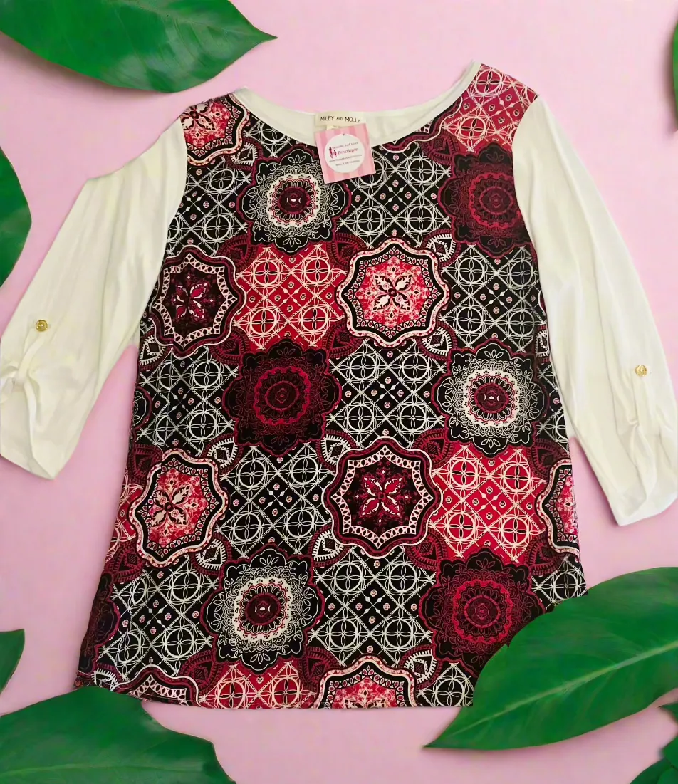 Womens Pink White Top | 3/4 Sleeve Shirt | Medallion Geometric Tunic